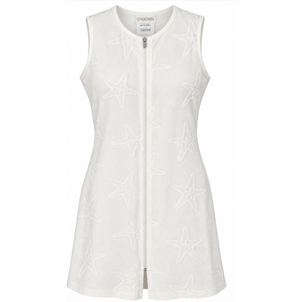 Cherokee 1800TG Swim Coverup Women Medium White Starfish Textured Zip Front